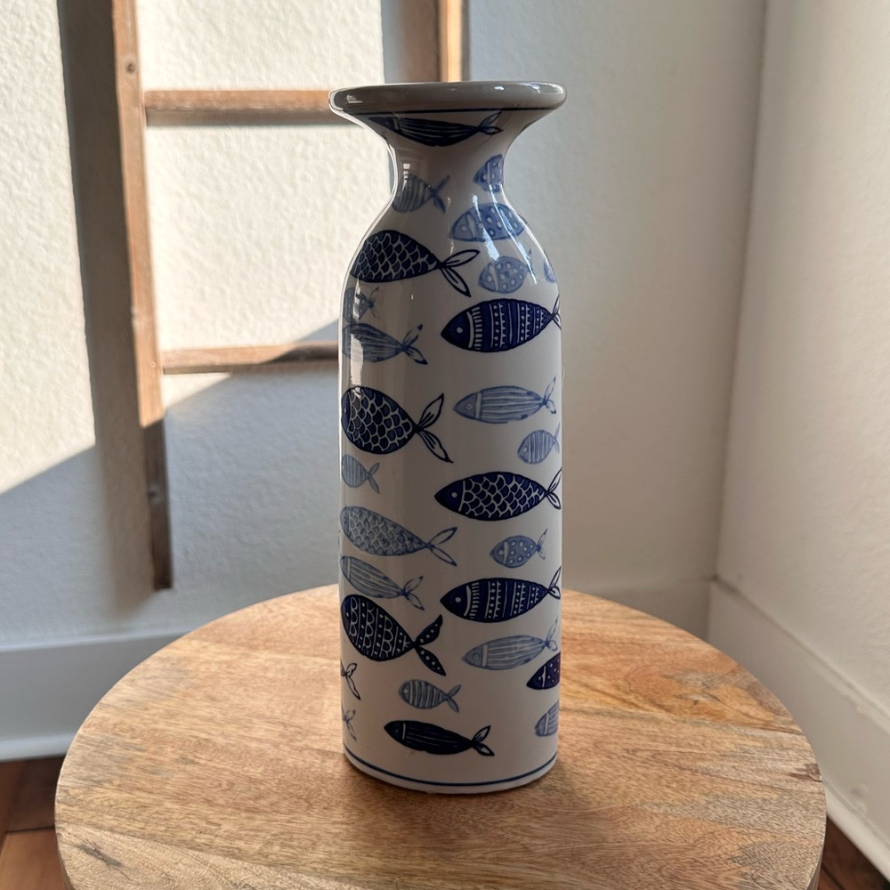 Coastal Blue & White Fish Tall Candle Holder